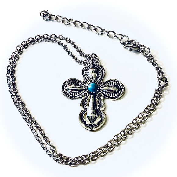 New Sterling Silver Handmade Natural Turquoise Religious Catholic Cross Necklace - Picture 13 of 14